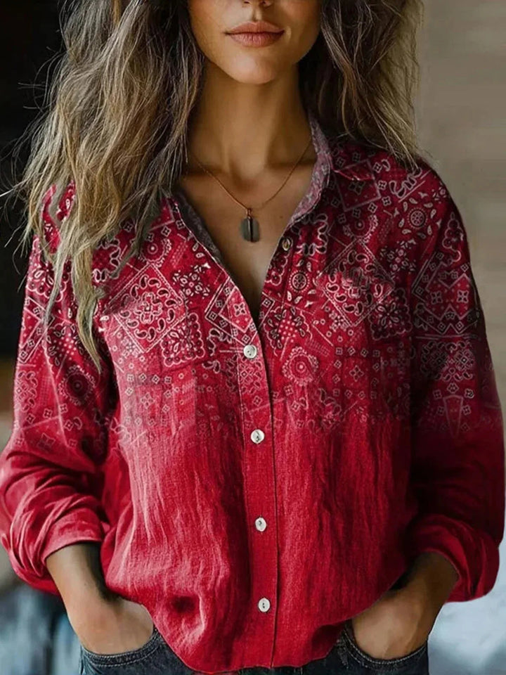 Veraetta | Women's Linen Casual Boho Print Long Sleeve Button-Up Blouse — Deep Red