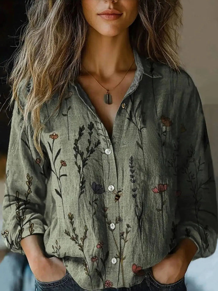 Veraetta | Women's Linen Casual Boho Print Long Sleeve Button-Up Blouse — Olive Green
