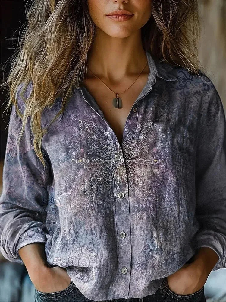Veraetta | Women's Linen Casual Boho Print Long Sleeve Button-Up Blouse — Purple