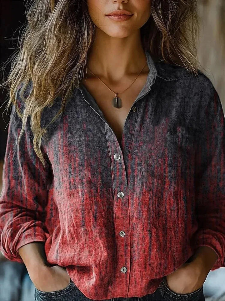Veraetta | Women's Linen Casual Boho Print Long Sleeve Button-Up Blouse — Red-Dark Grey