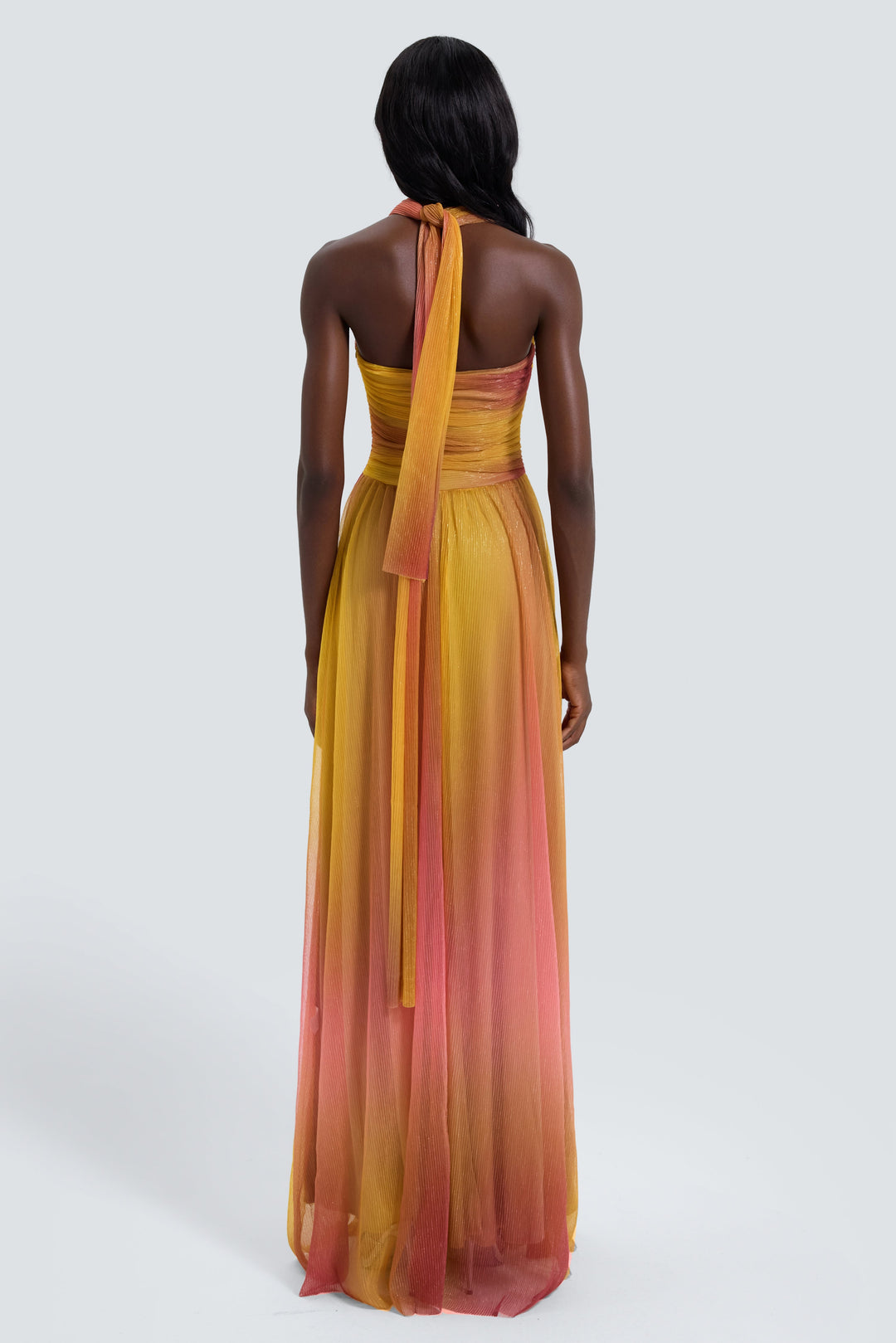 Veramora — Metallic Pleated Cutout Halter Maxi