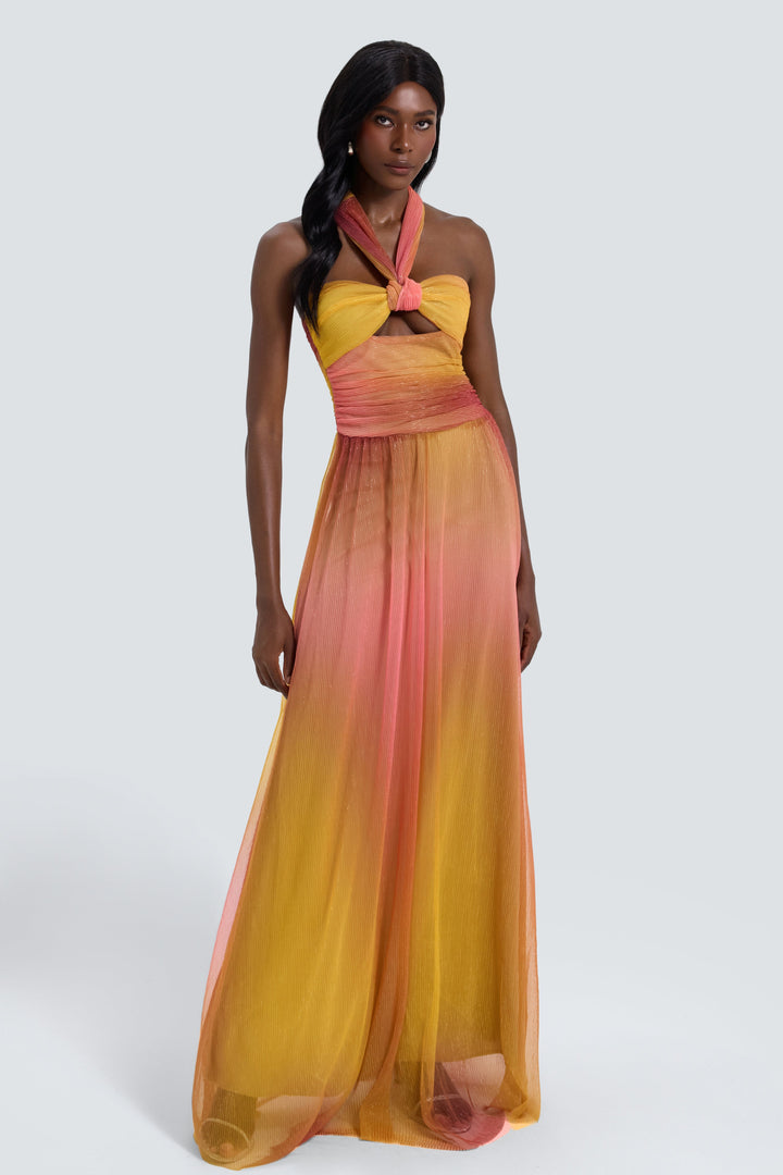 Veramora — Metallic Pleated Cutout Halter Maxi