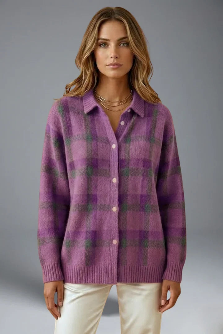 Verenaana | Women's Cardigan Button Front Collar Plaid Everyday Wear