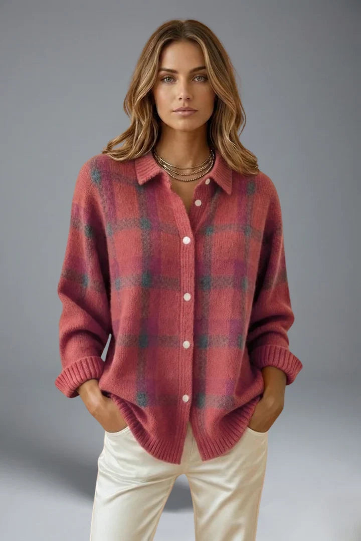 Verenaana | Women's Cardigan Button Front Collar Plaid Everyday Wear