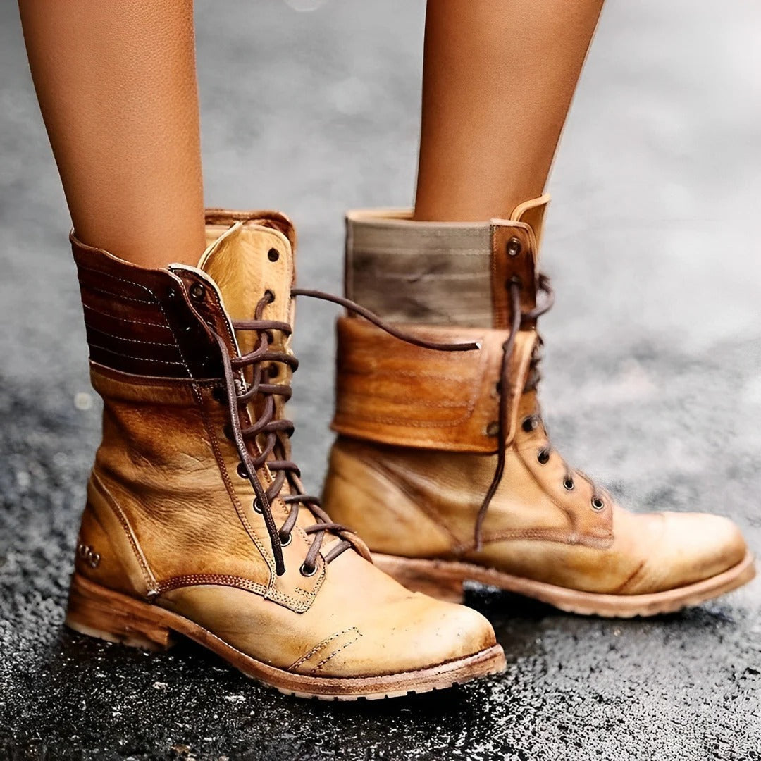 Verenaora | Women's Vintage Lace-Up Combat Ankle Boots — Khaki
