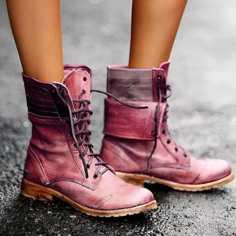 Verenaora | Women's Vintage Lace-Up Combat Ankle Boots — Red