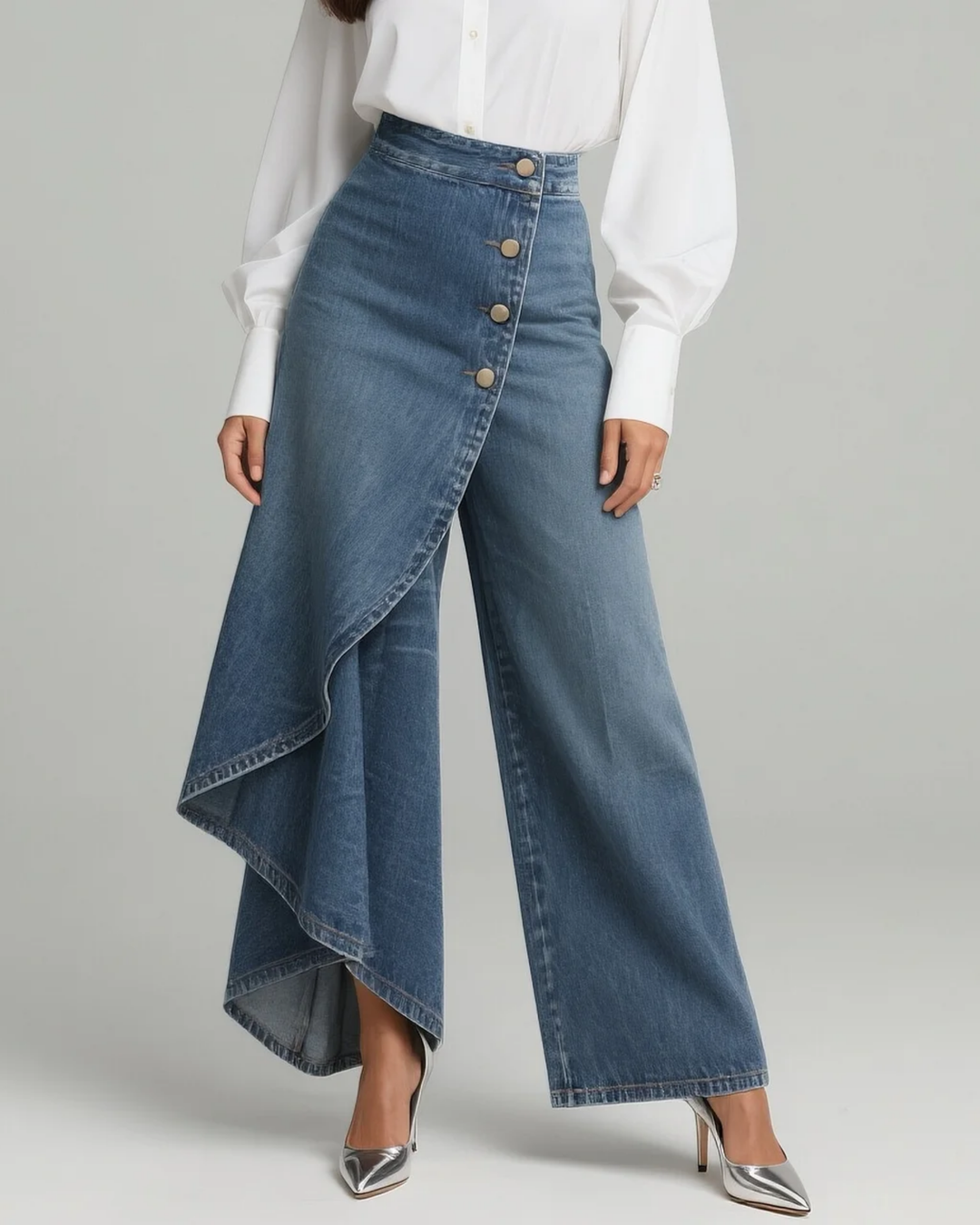 Female model wearing wide leg wrap pants on a plain background.