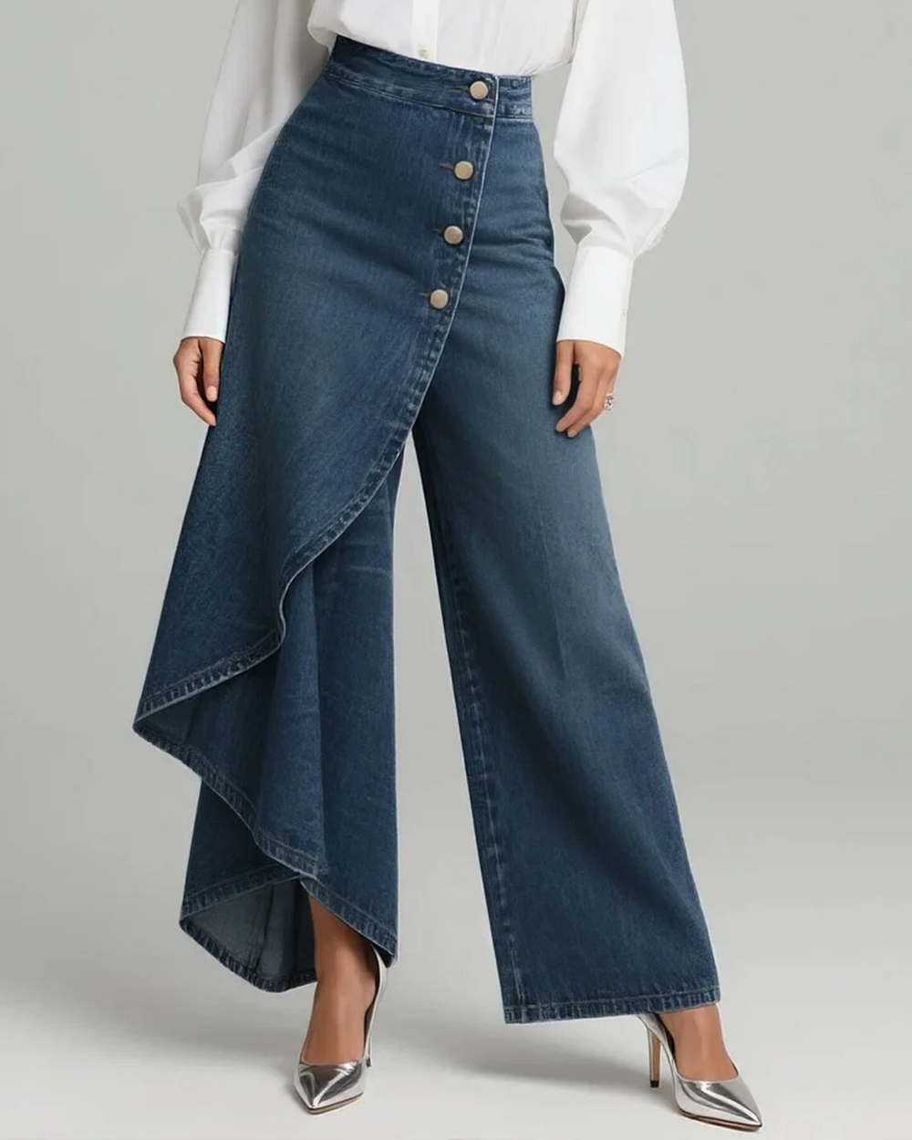 Woman wearing high-rise wide leg wrap pants with a button-front detail.
