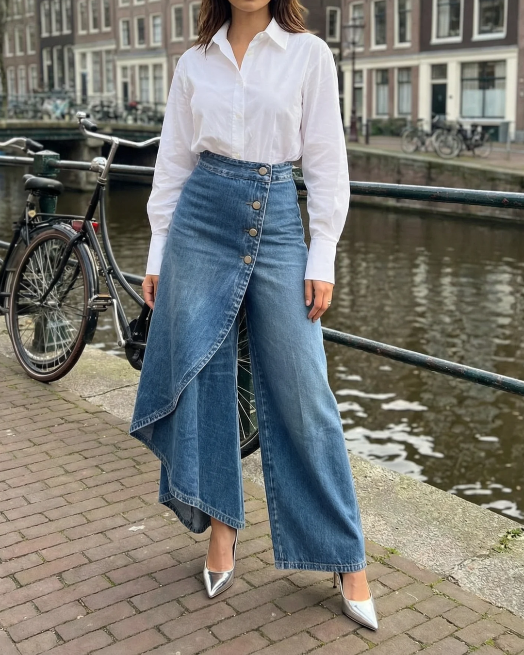 Woman wearing relaxed wide leg pants with wrap closure detail.
