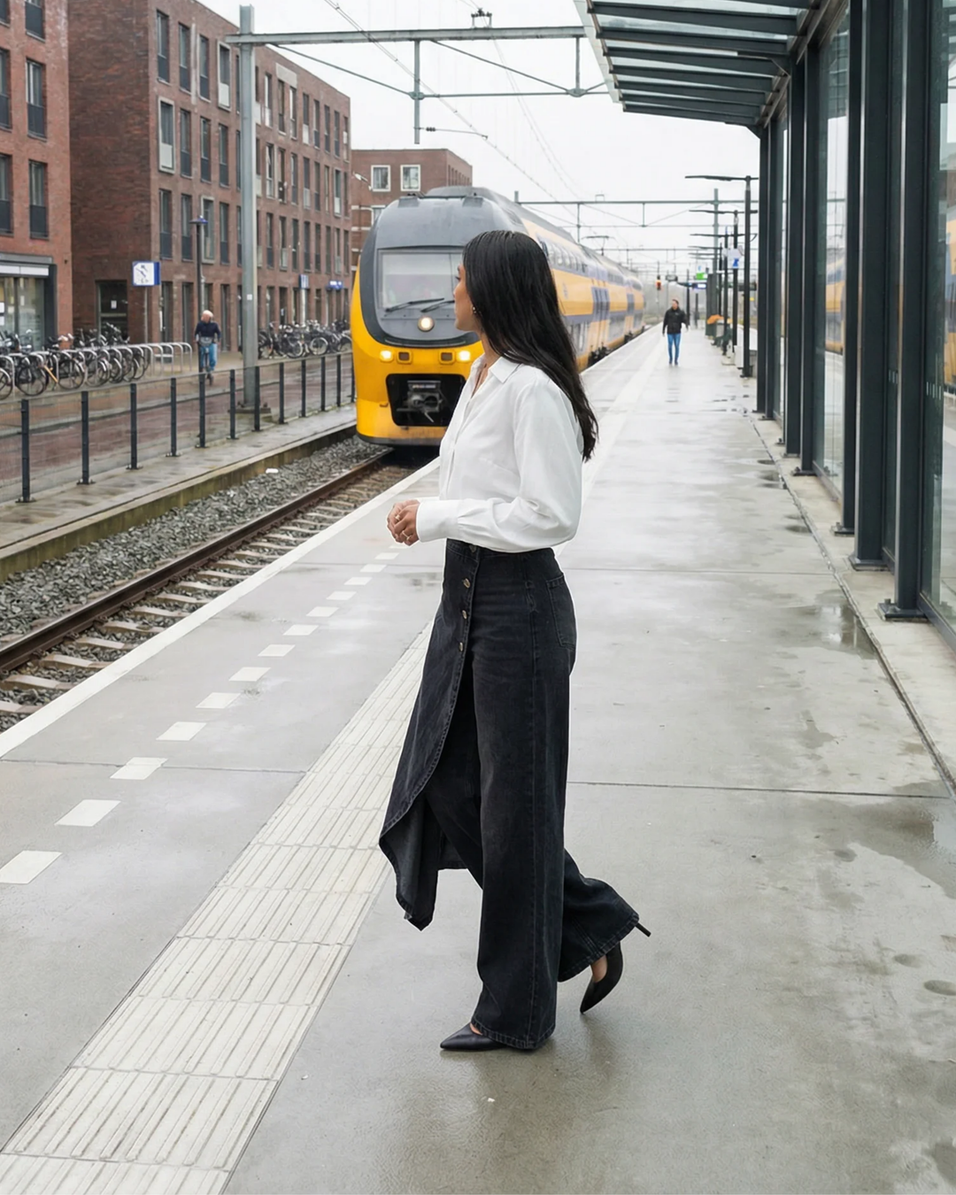 Female model in versatile wide leg wrap pants on a plain background.