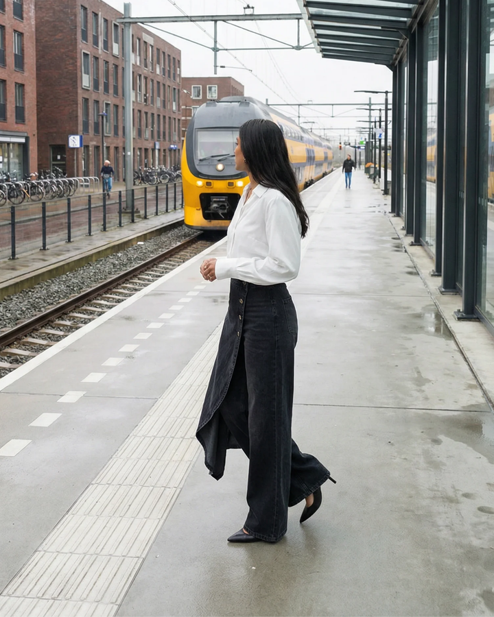 Female model in versatile wide leg wrap pants on a plain background.