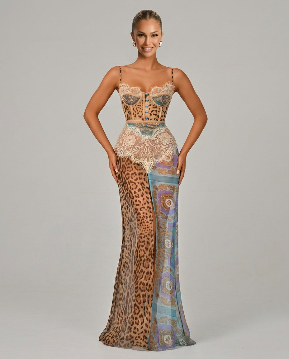 Vesperwynn — Lace-Trim Leopard Print Side Slit Maxi