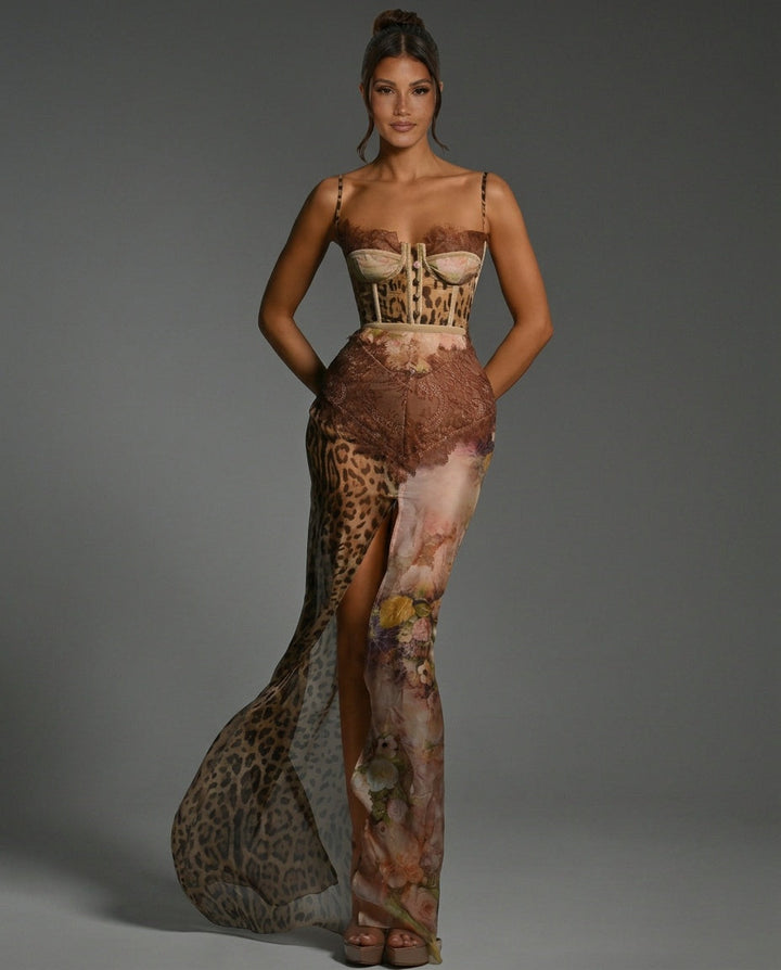Vesperwynn — Lace-Trim Leopard Print Side Slit Maxi