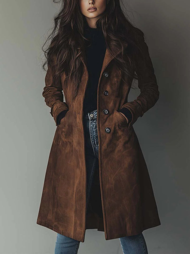 Vienisse | Women's Longline Trench Coat with Double-Breasted Front — Brown