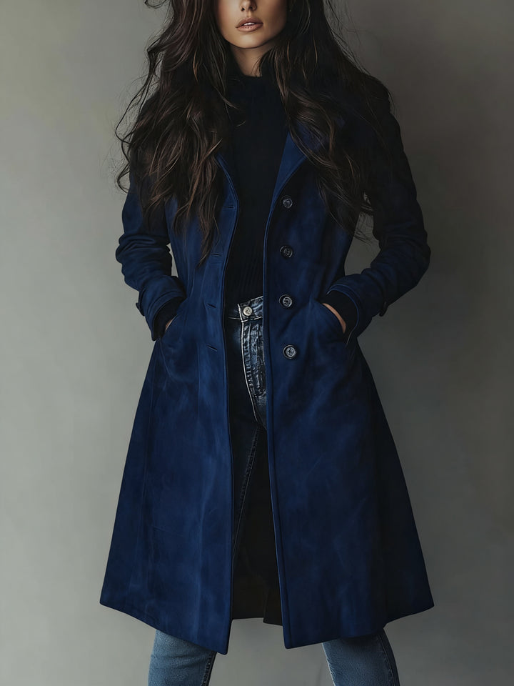 Vienisse | Women's Longline Trench Coat with Double-Breasted Front — Dark Blue