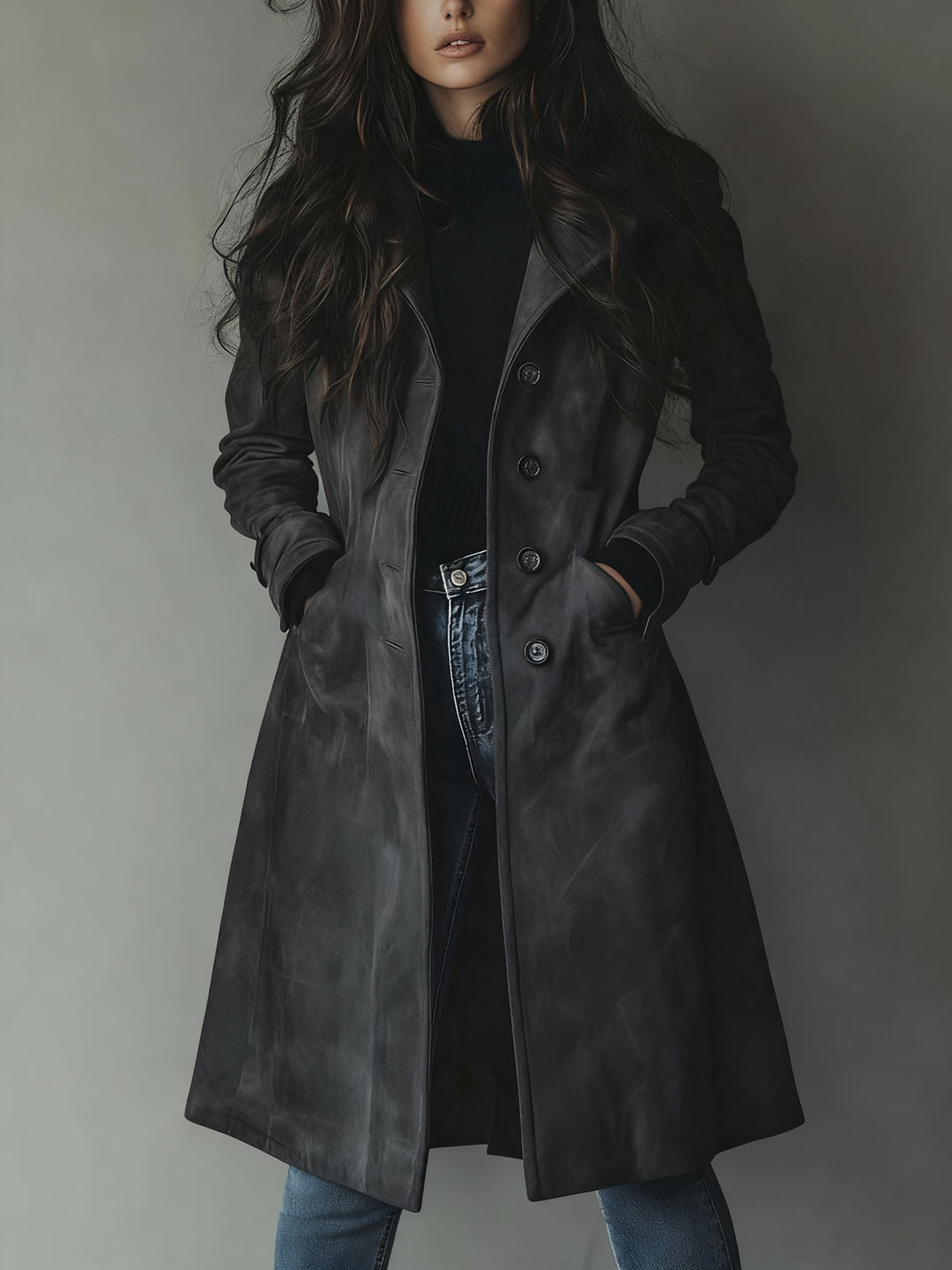 Vienisse | Women's Longline Trench Coat with Double-Breasted Front — Dark Grey