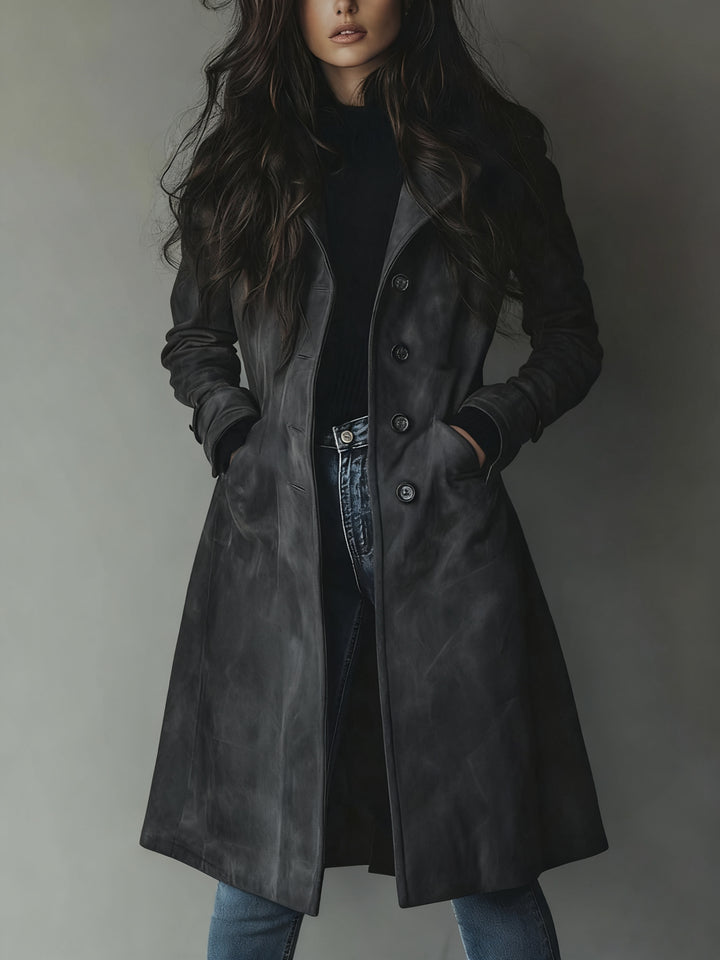 Vienisse | Women's Longline Trench Coat with Double-Breasted Front — Dark Grey