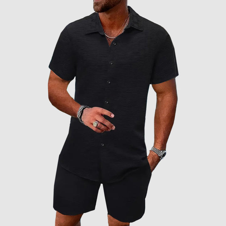 Vincenzo | Men's Denim High-Waist Button-Down Shirt and Shorts Set for Men - Short Sleeve Collared — Black