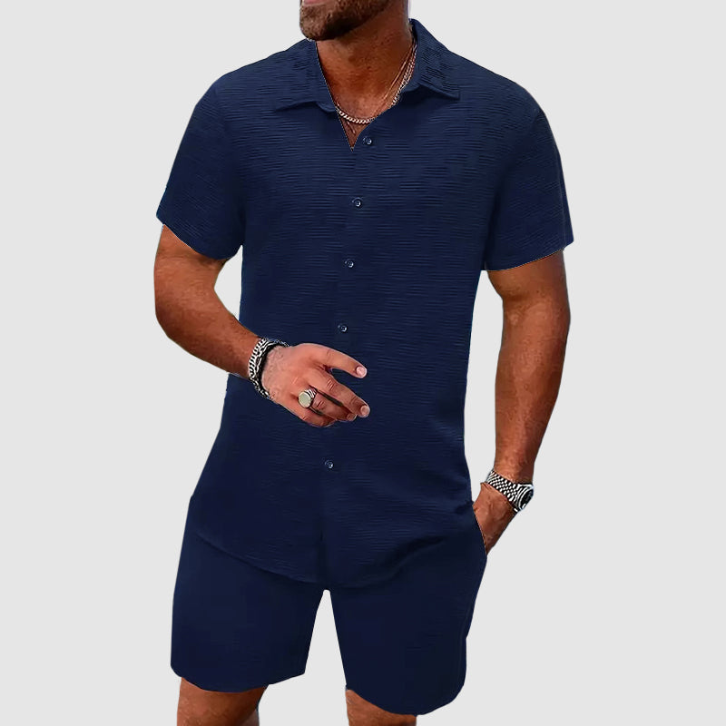 Vincenzo | Men's Denim High-Waist Button-Down Shirt and Shorts Set for Men - Short Sleeve Collared — Blue