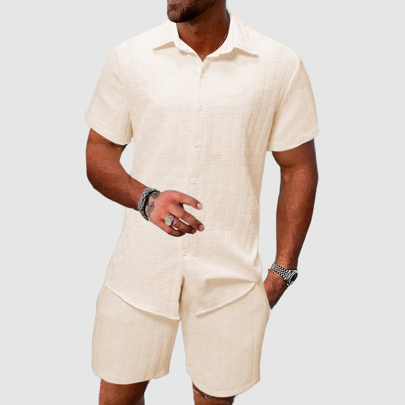 Vincenzo | Men's Denim High-Waist Button-Down Shirt and Shorts Set for Men - Short Sleeve Collared — 1