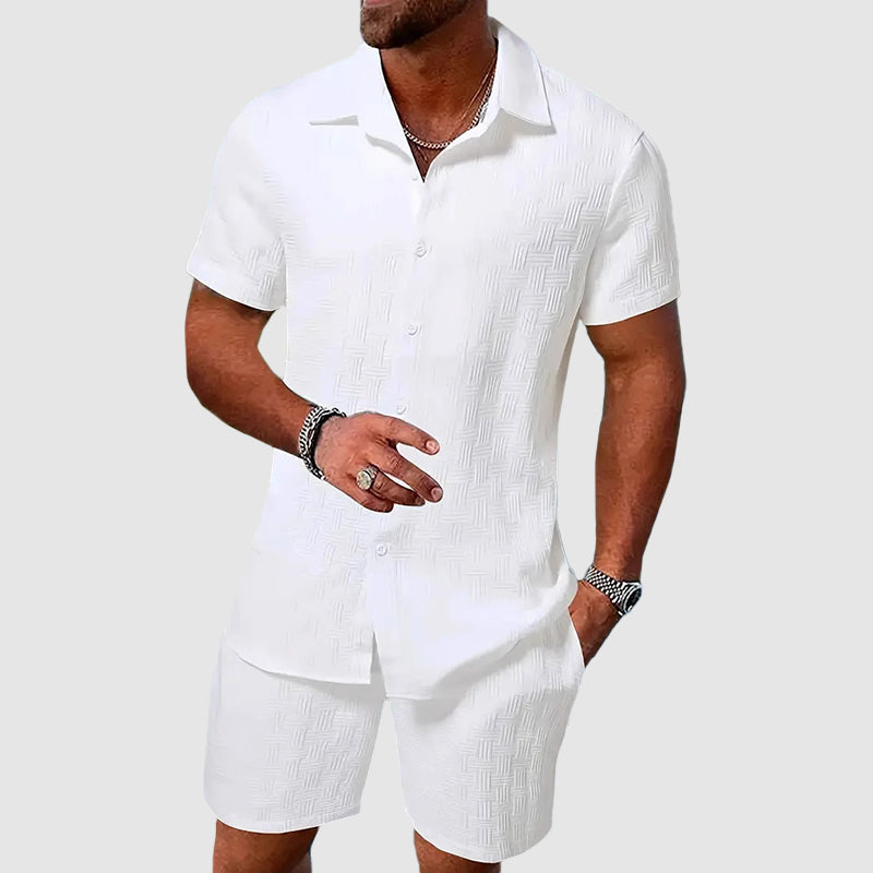 Vincenzo | Men's Denim High-Waist Button-Down Shirt and Shorts Set for Men - Short Sleeve Collared — 2