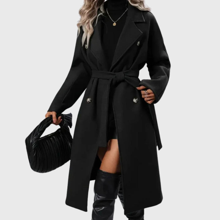 Vivian | Women's Double-Breasted Extended Length winter Trench Coat — Black