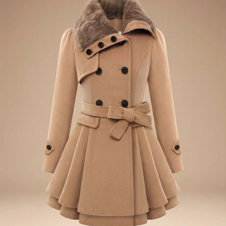 Wildamira | Women's Belted Double-Breasted Faux Fur Collar Jacket