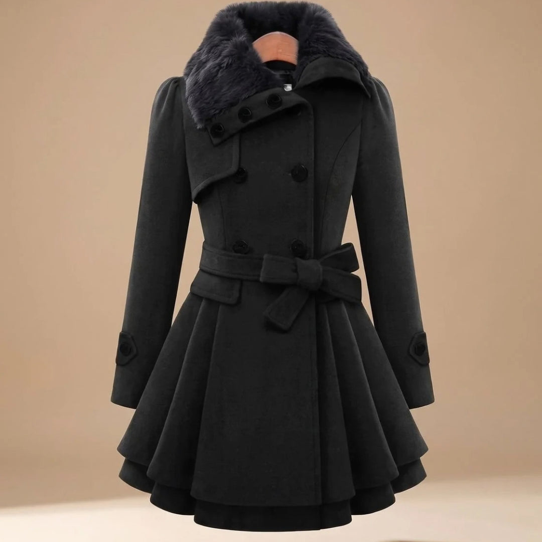Wildamira | Women's Belted Double-Breasted Faux Fur Collar Jacket