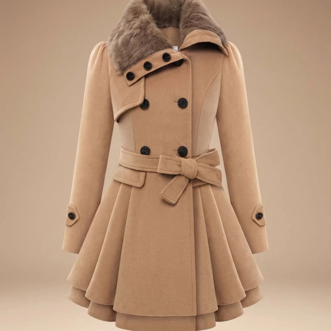 Wildamira | Women's Belted Double-Breasted Faux Fur Collar Jacket