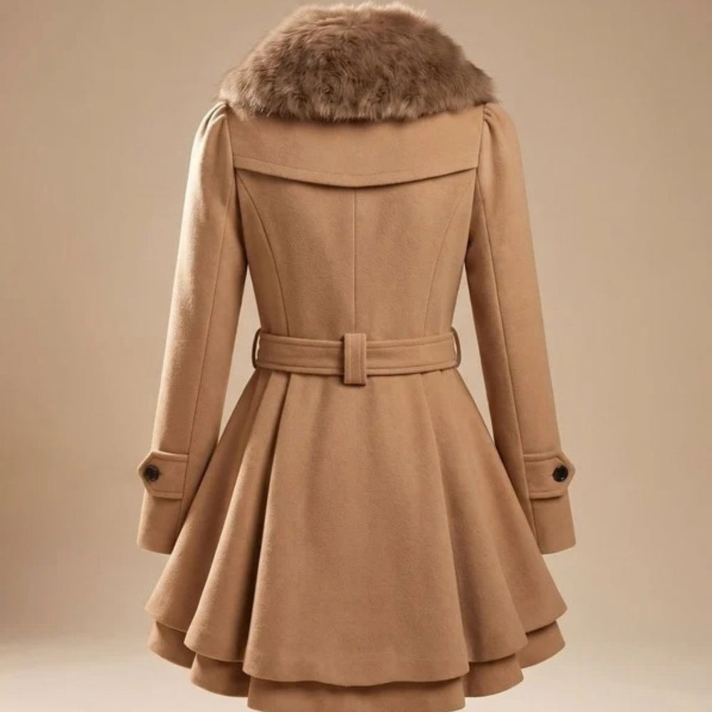 Wildamira | Women's Belted Double-Breasted Faux Fur Collar Jacket