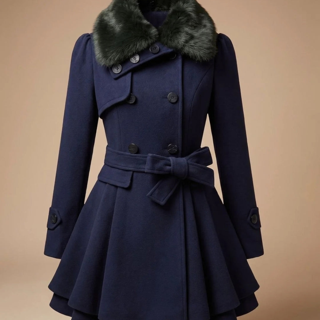 Wildamira | Women's Belted Double-Breasted Faux Fur Collar Jacket