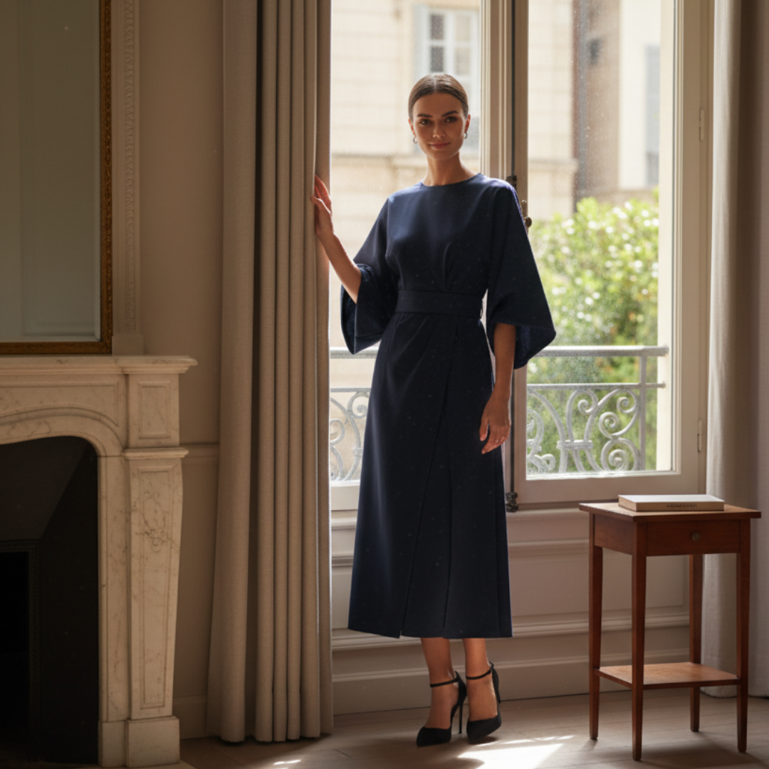 Female model wearing a belted wrap midi dress with flowing sleeves on a plain background.