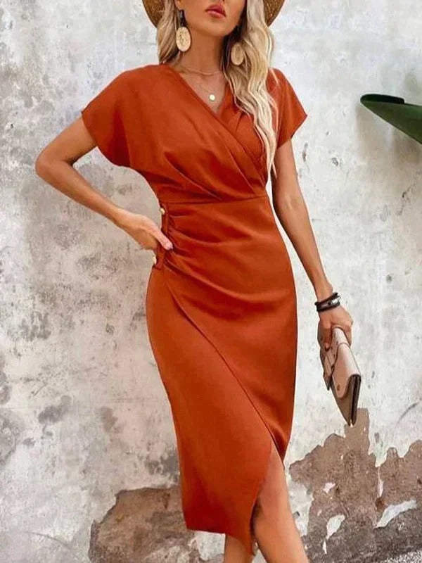 Noralise | Flattering Wrap Midi Wedding Guest Dress for Gathering, Celebrations and Events