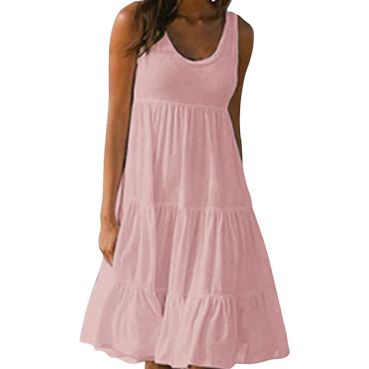 Midi dress with soft gathered layers and sleeveless design on a plain background.