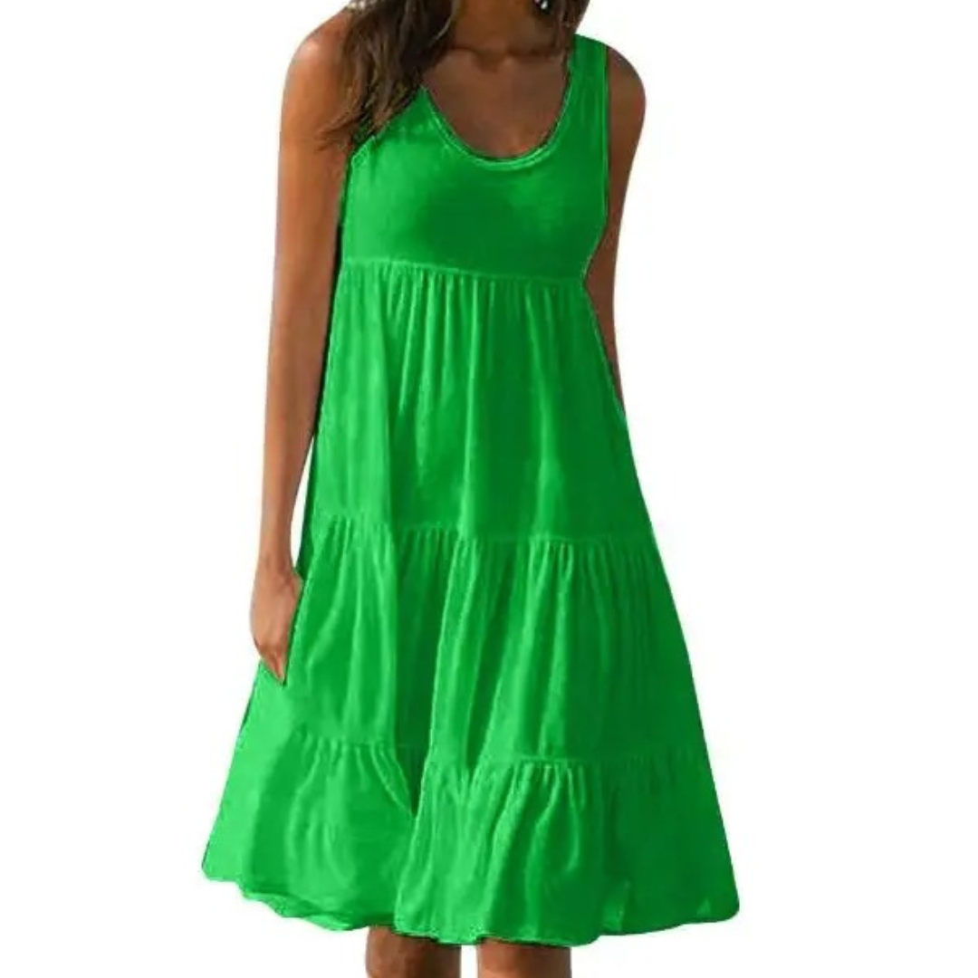 Casual tiered summer dress with relaxed fit displayed on a plain background.