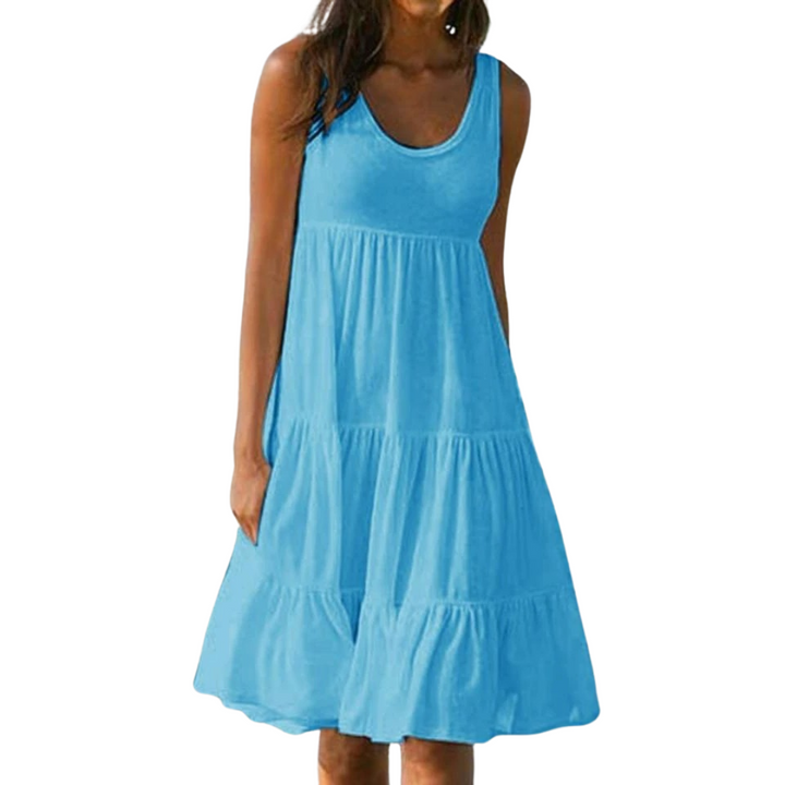 Lightweight sleeveless midi dress with layered skirt on a plain background.
