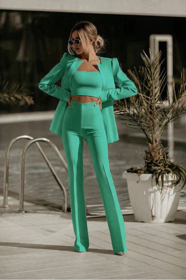  Model wearing a crop top, blazer, and flared pants outfit on a plain background.