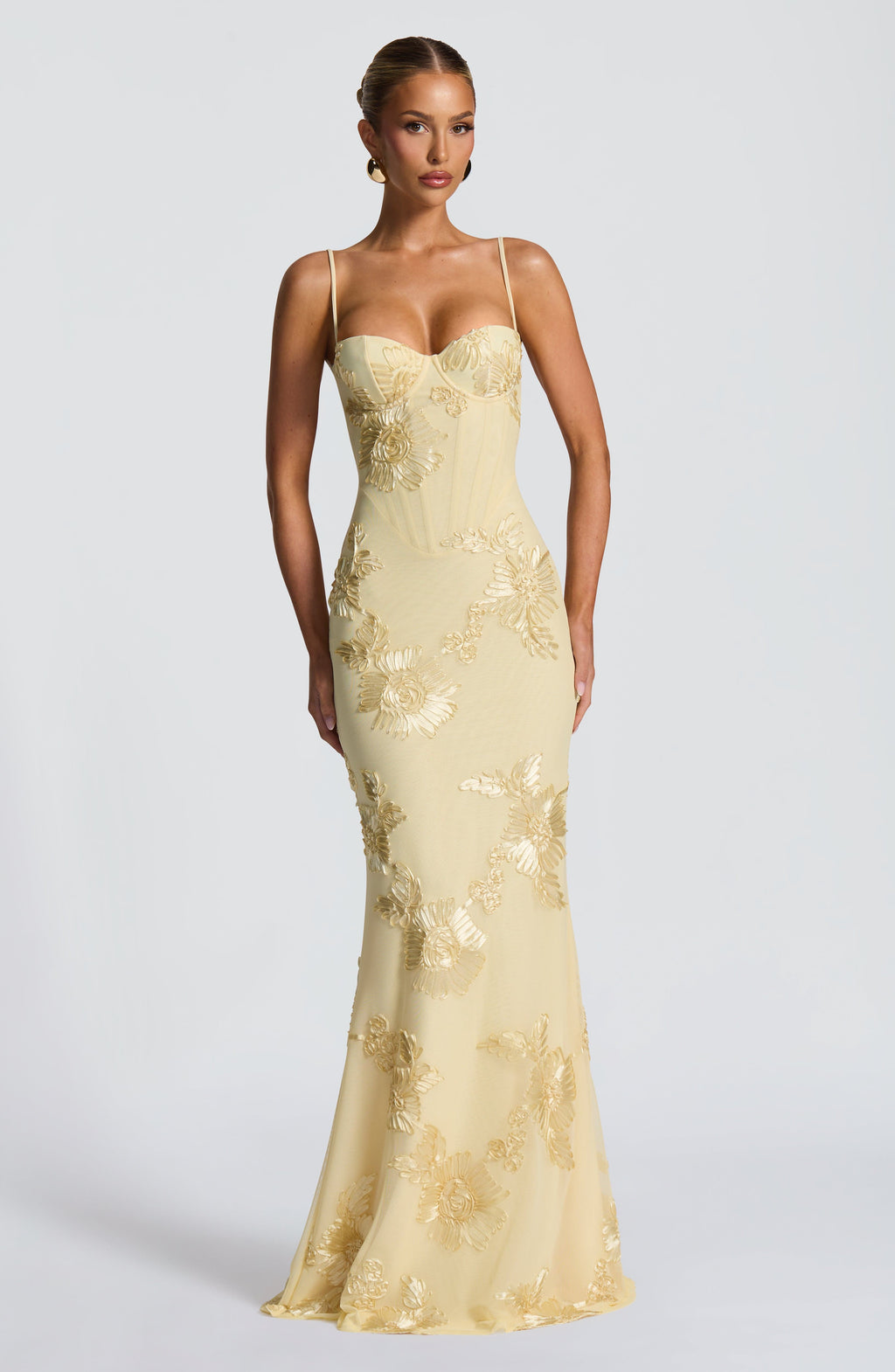 Woman wearing embroidered maxi dress front view on plain background.