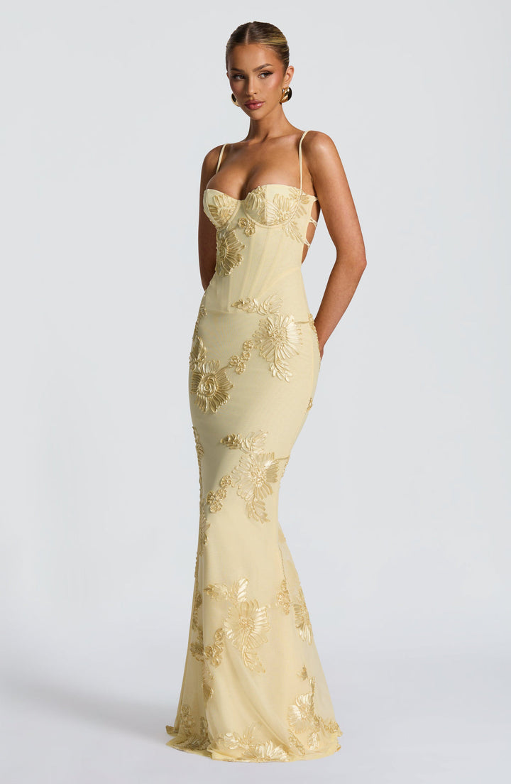 Female model in floral maxi dress standing on plain background.