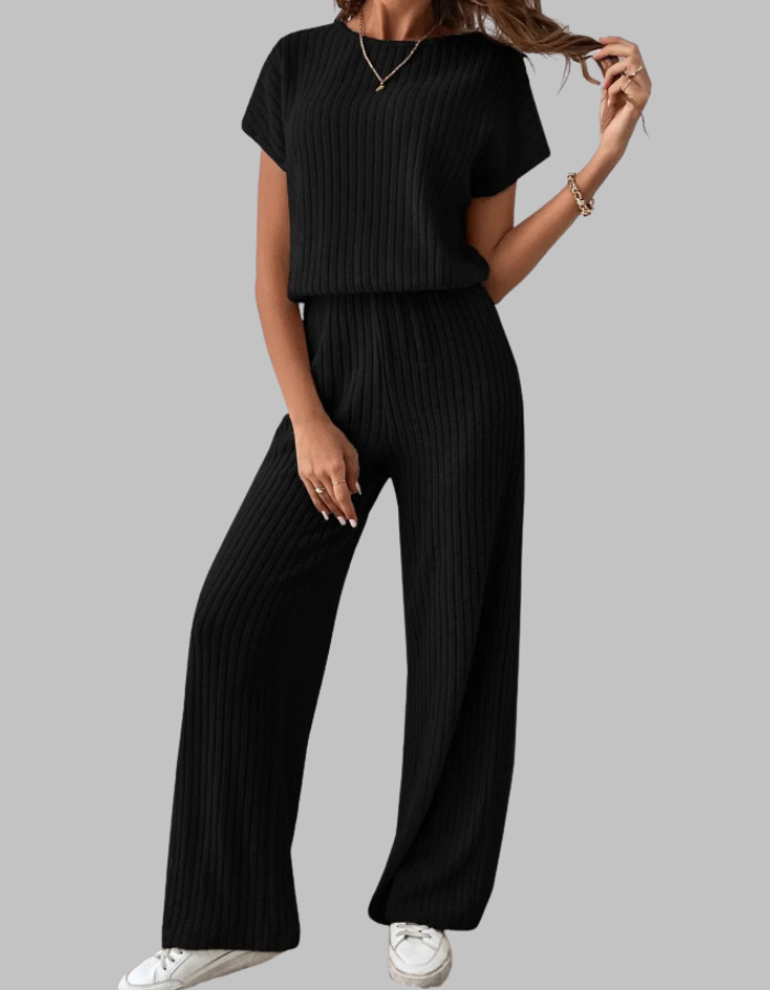 Wrensia | Women's High-Waist Ribbed Short Sleeve Top and Wide Leg Pants Set — Black