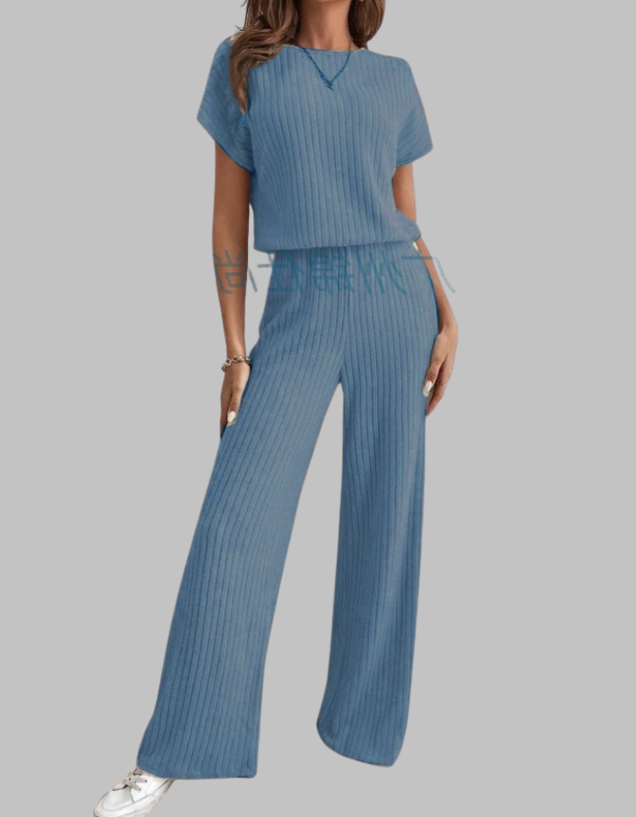 Wrensia | Women's High-Waist Ribbed Short Sleeve Top and Wide Leg Pants Set — Blue