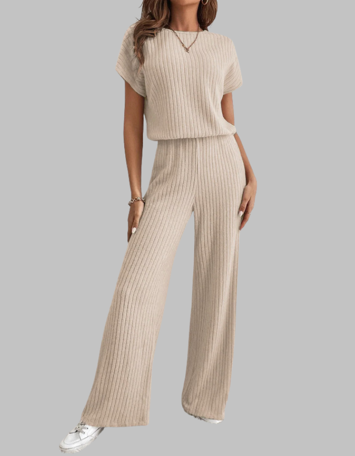 Wrensia | Women's High-Waist Ribbed Short Sleeve Top and Wide Leg Pants Set — 1