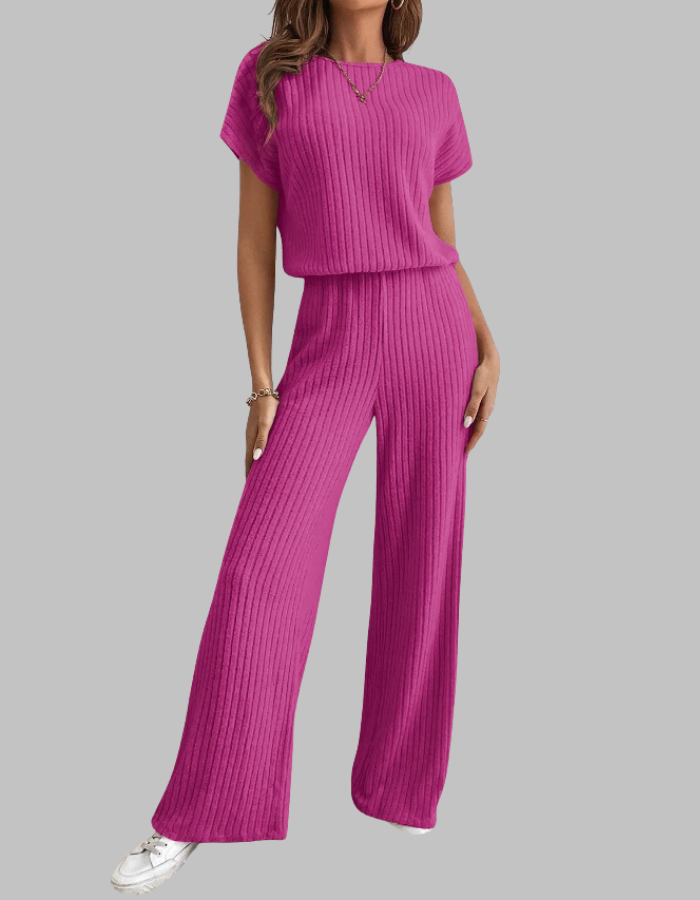 Wrensia | Women's High-Waist Ribbed Short Sleeve Top and Wide Leg Pants Set — 2