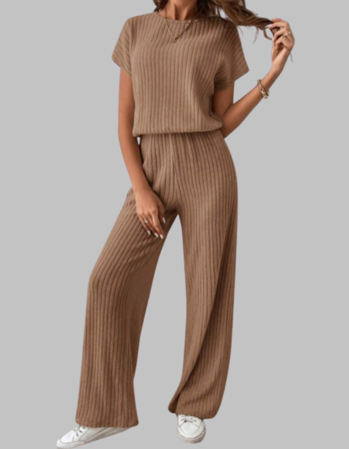 Wrensia | Women's High-Waist Ribbed Short Sleeve Top and Wide Leg Pants Set — Brown