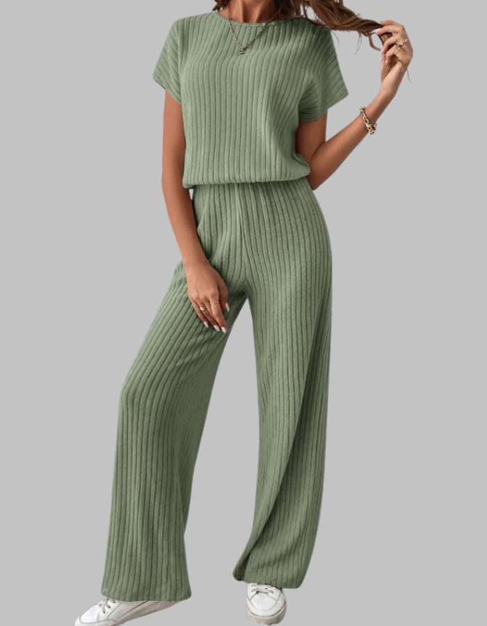 Wrensia | Women's High-Waist Ribbed Short Sleeve Top and Wide Leg Pants Set — Green