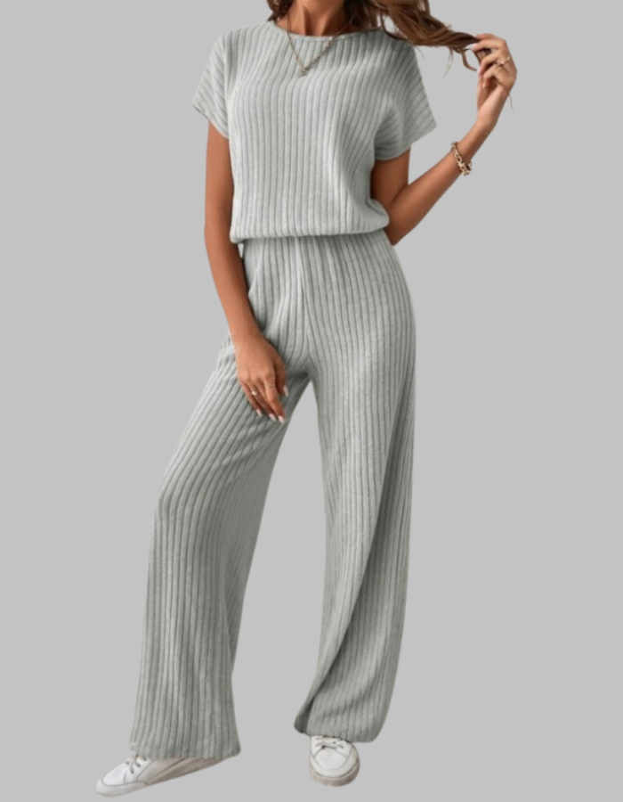 Wrensia | Women's High-Waist Ribbed Short Sleeve Top and Wide Leg Pants Set — Grey