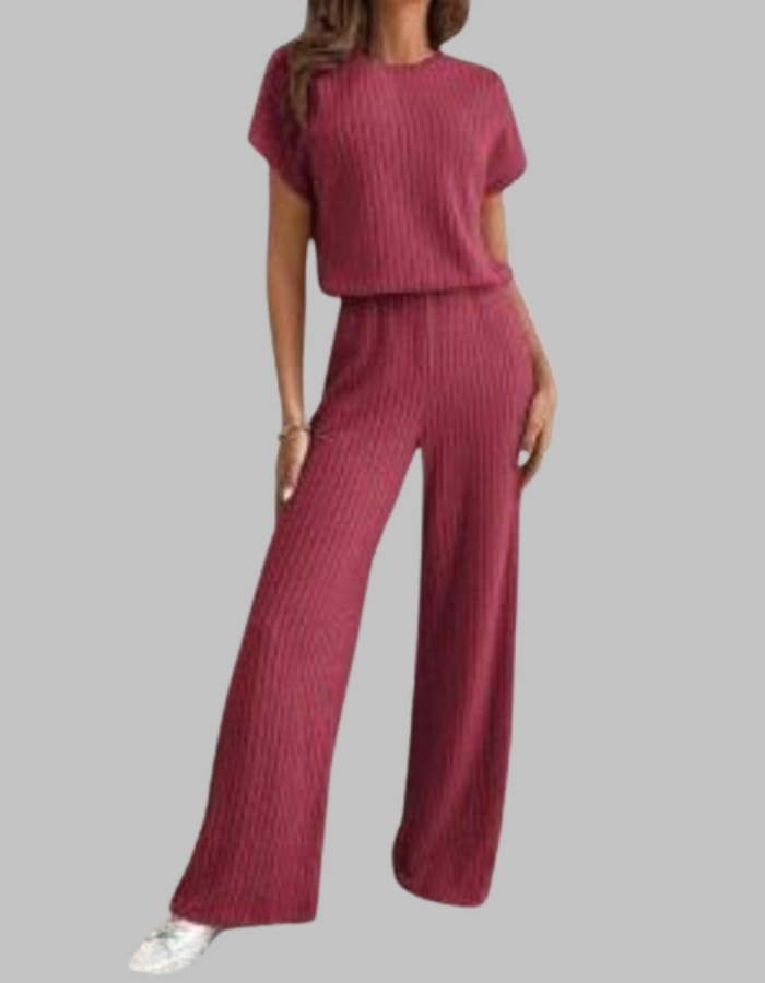 Wrensia | Women's High-Waist Ribbed Short Sleeve Top and Wide Leg Pants Set — Red