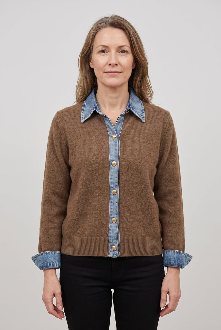 Wynria | Women's Knit Cozy Denim-Look Cardigan, Button-Front Collar — S