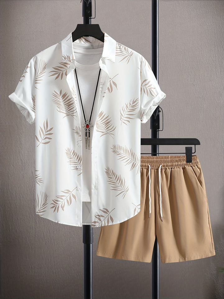 Xavier | Men's Tropical Two-Piece Set with Matching Shorts — Beige
