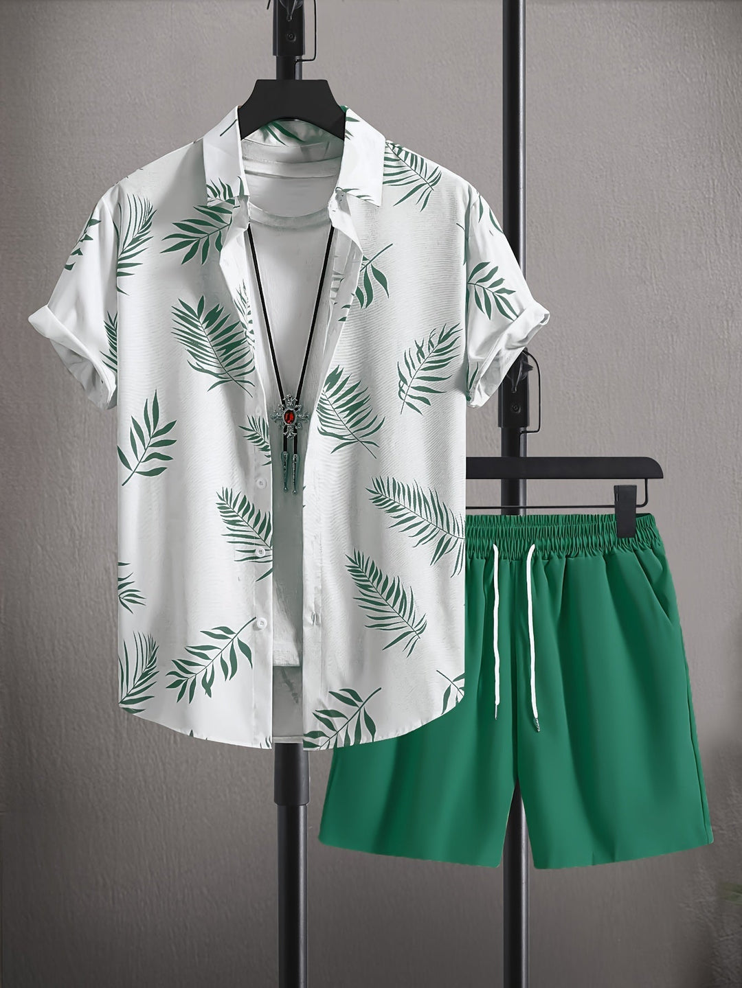 Xavier | Men's Tropical Two-Piece Set with Matching Shorts — Green